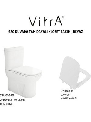 Sungur's Store Vitra S20 Duvara Tam Dayalı Klozet 5512L003-0092 Stoperli Kapağı ile Beyaz Kanalsız Tasarım