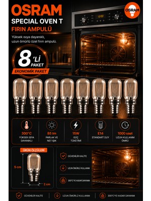 Avarson (8 Li Paket) 15W E14 Fırın Ampulü 300°C Isıya Dayanıklı Sarı Işık