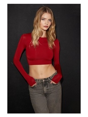 Sungur's Store Esnek Uzun Kollu Kırmızı Kadın Crop Üst Modelleri ile Stil