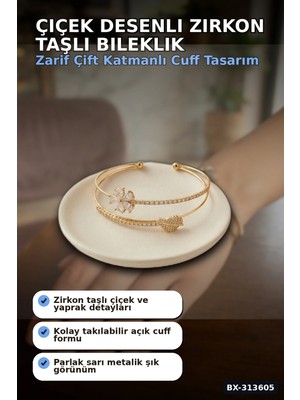 Semel Çiçek Desenli Zirkon Taşlı Kadın Bileklik - Pirinç Materyal - Tekli Takı BX-313605
