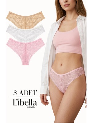 Libella İç Giyim Yeni Sezon Premium Tam Dantelli Brezilya Külot Nude Beyaz Pudra 3'lü Paket