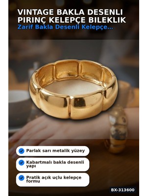 Ototechparca Vintage Bakla Desenli Pirinç Kalın Kelepçe Bileklik - 1 Adet, Kadın Takı Aksesuarı BX-313600