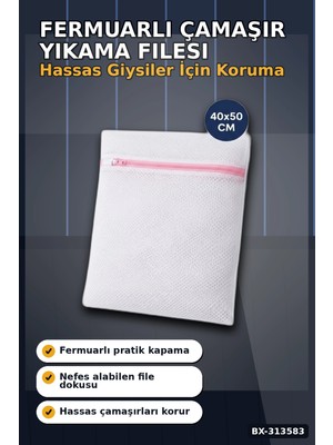 Fermuarlı 40X50 cm Çamaşır Yıkama Filesi - Hassas Kıyafet Koruma Torbası BX-313583
