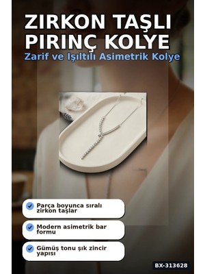 sbodurhome Zirkon Taşlı Pirinç Kadın Kolye - 45 cm Bar Tasarım, Gümüş Tonunda Tekli Ürün BX-313628