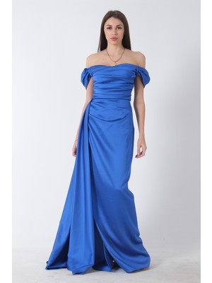 Feminist Saks Drape Detaylı Saten Kumaş Abiye Elbise 9704858