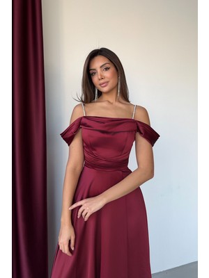 Feminist Bordo Taş Askılı Düşük Kol Saten Abiye 0806118