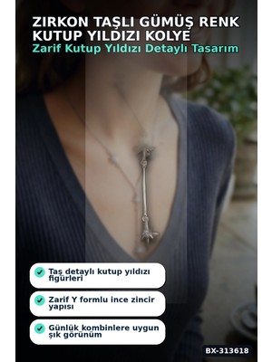 sbodurhome Zirkon Taşlı Gümüş Renk Kutup Yıldızı Kolye - 45 cm Pirinç Zincir Kadın Takı BX-313618