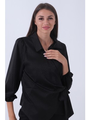 Feminist Siyah Yandan Bağlama Detaylı Bluz Gömlek 41620075