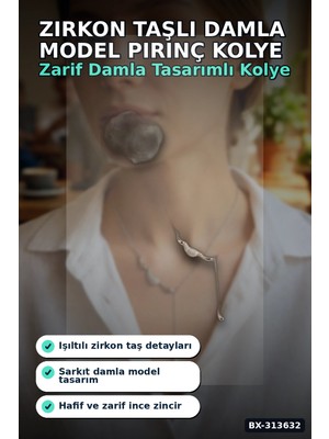 sbodurhome Zirkon Taşlı Damla Model Pirinç Kadın Kolyesi, 45 cm Zincirli Gümüş Renk Takı BX-313632