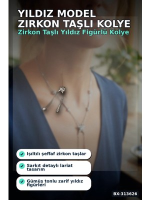 sbodurhome Pirinç Gümüş Tonu Zirkon Taşlı Yıldız Model Kadın Kolye 45 cm Takı Aksesuar BX-313626