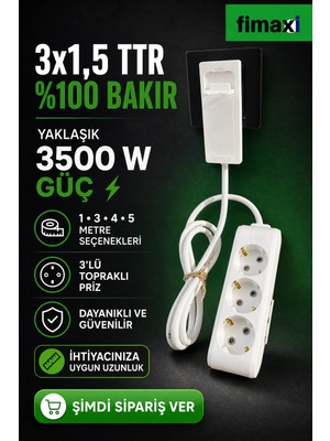 Fimaxi 3x1,5 Ttr Ince Slim Fişli Üçlü Topraklı Uzatma Kablosu Beyaz , Dar Alanlara Uygun Grup Priz | 1 Metre - 2 Metre - 3 Metre - 4 Metre