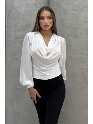 Feminist Beyaz Uzun Kol Degaje Yaka Bluz 4202512