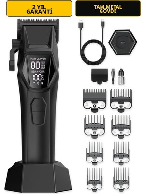 Wablow Saç Kesme Makinesi Şarjlı Tıraş Makinesi, Erkek Bakım Seti - 8000 Rpm Kablosuz Şarj Tabanı Berber Kuaför Tipi, 8 Kılavuz Taraklı, LED Ekran, Type-C (garanti)