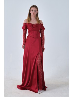 Feminist Bordo Kolları Dantel Detaylı Drapeli Abiye 9705561