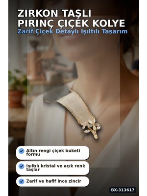 Techora Sale Zirkon Taşlı Pirinç Çiçek Kolye 45 cm Zincirli Görünümlü Kadın Takısı BX-313617