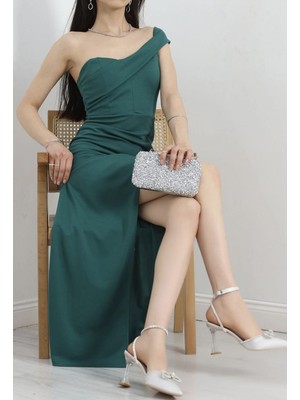 Myes Butik Omuz Detaylı Jakarlı Uzun Elbise