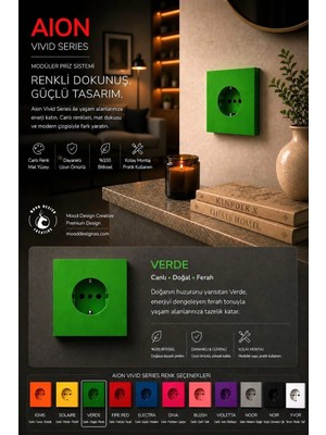 Mooddesign Aıon Collection - Vıvıd Series (Verde) /(Tüm Prizler Ile Uyumludur) Minimal Mat Tasarım Priz / Premium Dekoratif Canlı Renkler Serisi (Yeşil)