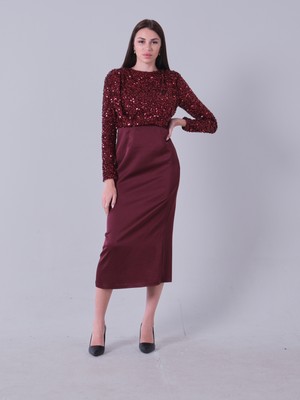Feminist Bordo Üst Pul Payet Işlemeli Altı Krep Tesettür Abiye 6502503