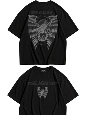Fuddy Moda Unisex Rise Against Sırt Baskılı Bisiklet Yaka Tişört, Oversize Rock Band Temalı Tshirt