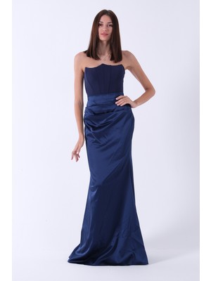 Feminist Lacivert Önü Drape Detaylı Straplez Abiye 9705744