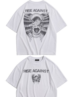 Fuddy Moda Unisex Rise Against Sırt Baskılı Bisiklet Yaka Tişört, Oversize Rock Band Temalı Tshirt