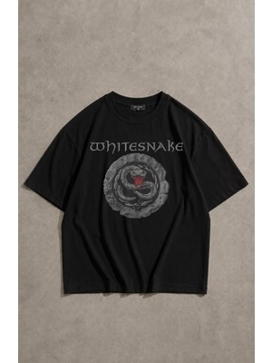 Fuddy Moda Unisex Whitesnake Baskılı Bisiklet Yaka Tişört, Oversize Rock Band Temalı Tshirt