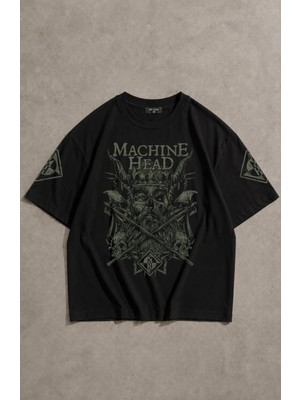 Fuddy Moda Unisex Machine Head Kol Baskılı Tişört, Oversize Rock Band Temalı Tshirt