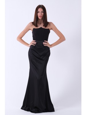 Feminist Siyah Önü Drape Detaylı Straplez Abiye 9705744