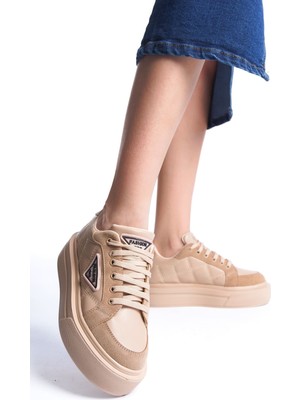 Joy Ayakkabı Prag Bağcıklı Ortopedik Taban Desenli Kadın Sneaker Spor Ayakkabı Ctt - Ten