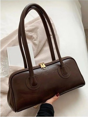 Lidya Kahverengi Vintage Görünümlü Çift Fermuarlı Kadın Baget Omuz Çantası