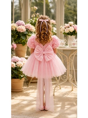 Bes Trend Kız Çocuk Elbise  Gül Detay Lı Kuyruklu Fiyonk Party Doğum Günü Elbise Pamuklu 1-7 Yaş