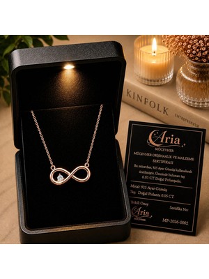 Eva's Jewellery Diamonds Sonsuzluk Kolye Gerçek Pırlantalı, 925 Ayar Gümüş 18 Ayar Altın Kaplama, Sertifikalı ve Işıklı Hediye Kutulu