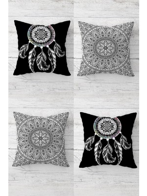Die Grup Pelangi Dream Catcher Desenli Etnik Gizli Fermuarlı Kırlent Kılıfı Koltuk Yastık Kılıfı TAKIM(4ADET), Gri-Siyah 45 x 45
