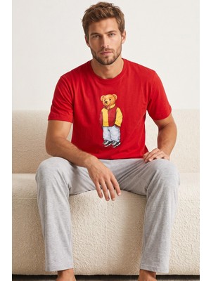 Siyah İnci Baskılı Pamuklu Örme Kısa Kollu Pijama Takım 8075