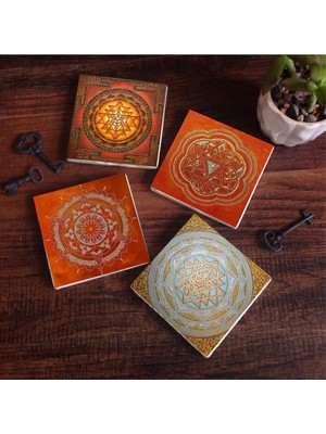 Die Grup Pinecone Stone Sri Yantra, Mandala Taş Bardak Altlığı Seti - 4 Parça - Dekoratif, Rustik Mutfak Aksesuarı, 10X10 Cm, Kaydırmaz Tabanlı, Şık ve Dayanıklı SC181