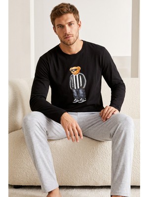 Siyah İnci Baskılı Pamuklu Örme Uzun Kollu Pijama Takım 8076