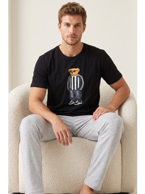 Siyah İnci Baskılı Pamuklu Örme Kısa Kollu Pijama Takım 8075