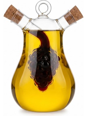 Die Grup Çift Hazneli Borosilikat Cam Yağdanlık ve Sirkelik, Üzüm Figürlü, Damlatmaz, Mantar Tıpalı, 300 ml + 50 ml