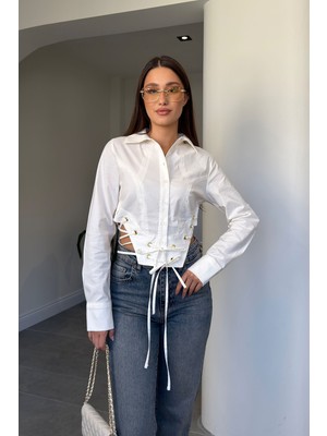 Magarde Kuş Gözü Detaylı Crop Gömlek- Ekru