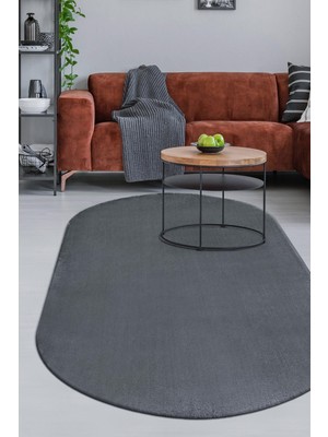 Die Grup Dijidekor Koyu Gri Oval Post Dokuma Halı Peluş Tavşan Tüyü Hissi Antibakteriyel Yolluk, Antrasit 80X150
