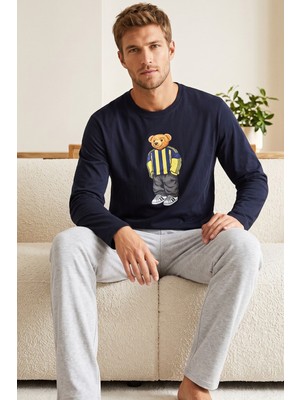 Siyah İnci Baskılı Pamuklu Örme Uzun Kollu Pijama Takım 8076