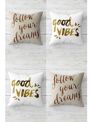 Die Grup Pelangi Follow Your Dreams Good Vibes Gizli Fermuarlı Kırlent Kılıfı Koltuk Yastık Kılıfı TAKIM(4ADET), Bej-Gold 45 x 45