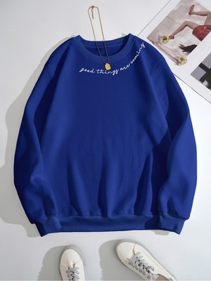 Die Grup Tarzsokak Kod Adr-Shen Ezwear Slogan Graphic Lined Sweatshirt Saks, Royal Blue, L/xl