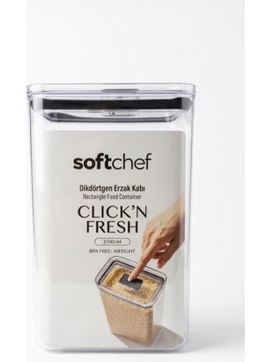 Die Grup Softchef Click'n Fresh Hava Geçirmez Dikdörtgen Plastik Erzak Kabı 3100 ml - Vakumlu Tek Tuş Kapaklı Şeffaf Plastik Bakliyat, Un ve Şeker Saklama Kabı, Bpa Içermez (10,5X16X24,5CM)