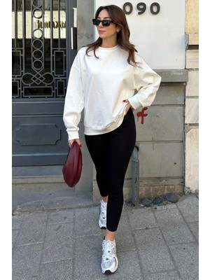 Die Grup Madmext Ekru Bisiklet Yaka Basic Sweatshirt MG2185,EKRU S