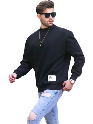 Die Grup Madmext Siyah Bisiklet Yaka Oversize Şardonlu Arma Detaylı Erkek Sweatshirt 7043,SIYAH S