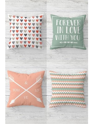 Die Grup Pelangi Kalpli Forever In Love Sevgili Gizli Fermuarlı Kırlent Kılıfı Koltuk Yastık Kılıfı TAKIM(4ADET), Su Yeşili-Somon 43 x 43