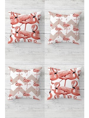 Die Grup Pelangi Flamingo Zigzag Desenli Gizli Fermuarlı Kırlent Kılıfı Koltuk Yastık Kılıfı TAKIM(4ADET), Beyaz-Pembe 43 x 43