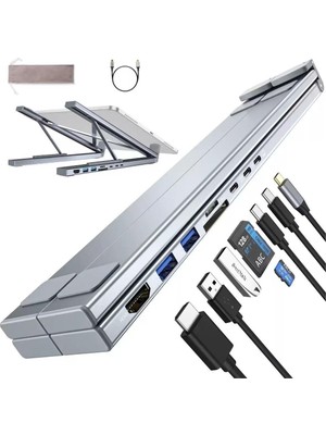 Die Grup Coverzone 8in1 Usb-C Laptop Taşınabilir Folding Notebook Stand, Entegre Çoklu Port Hub, HDMI 4k, USB 3.0, Pd 100W Şarj Destekli Ayarlanabilir 11 Inç 17 Inç Dizüstü Bilgisayar Stant 480GR | LS81