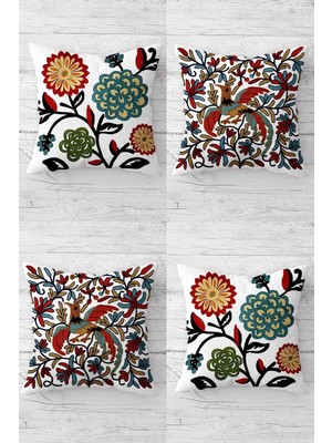 Die Grup Pelangi Nakışlı Çiçek Kuş Desenli Etnik Gizli Fermuarlı Kırlent Kılıfı Koltuk Yastık Kılıfı TAKIM(4ADET), Kiremit 45 x 45